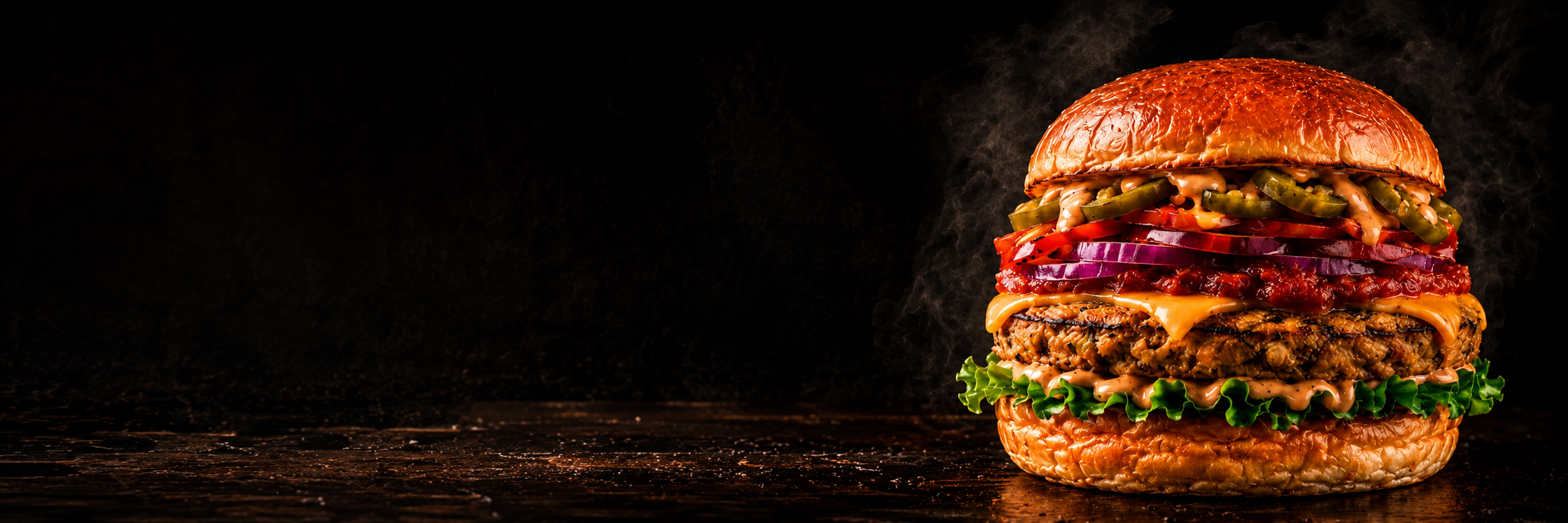 Stacked gourmet beef burger with melted cheese, jalapeños, tomato relish, red onion and lettuce on a toasted brioche bun, styled against a moody dark background with drifting smoke