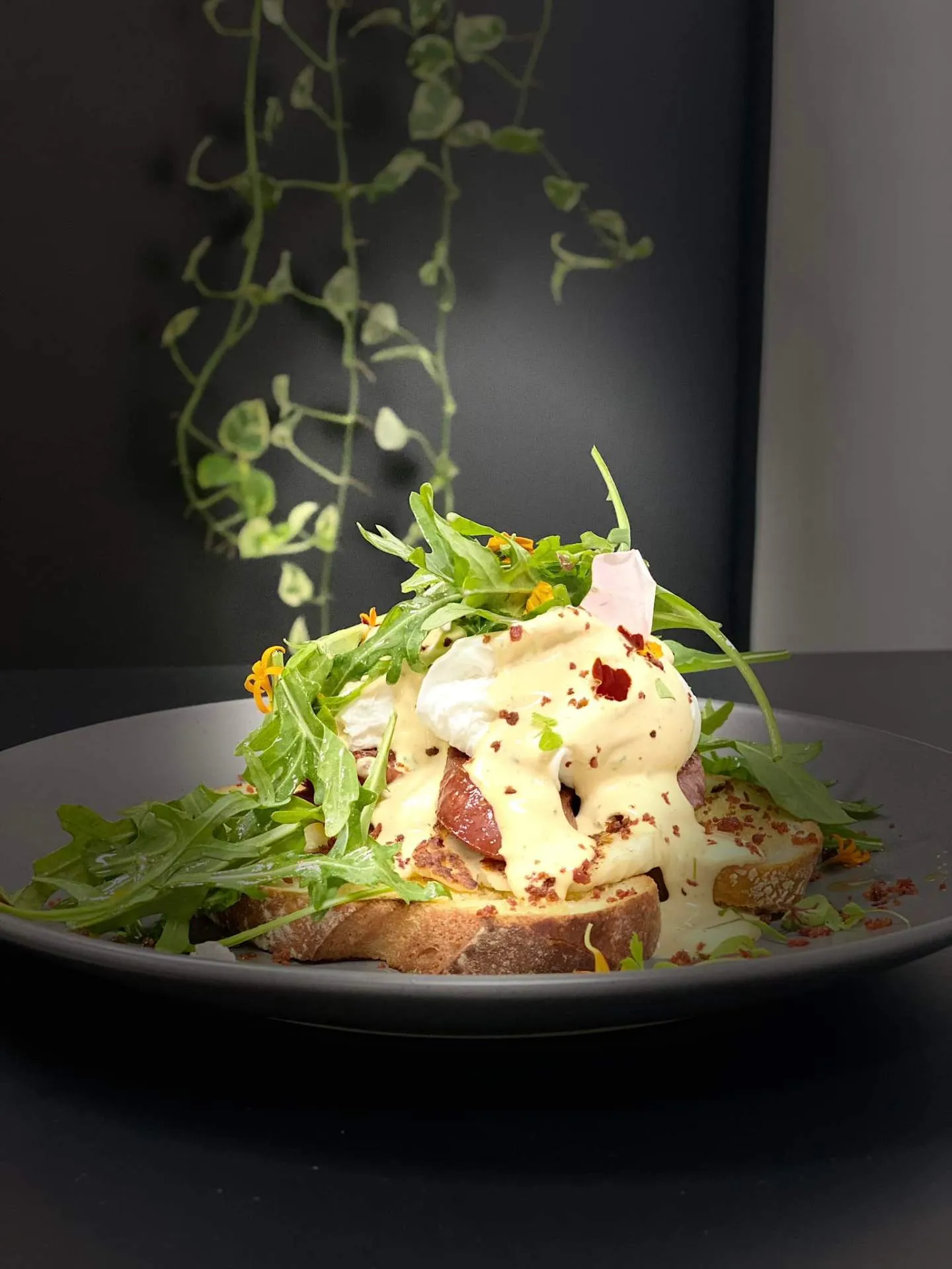 Eggs benedict with poached egg, hollandaise sauce and rocket on sourdough toast, garnished with edible flowers on a dark plate