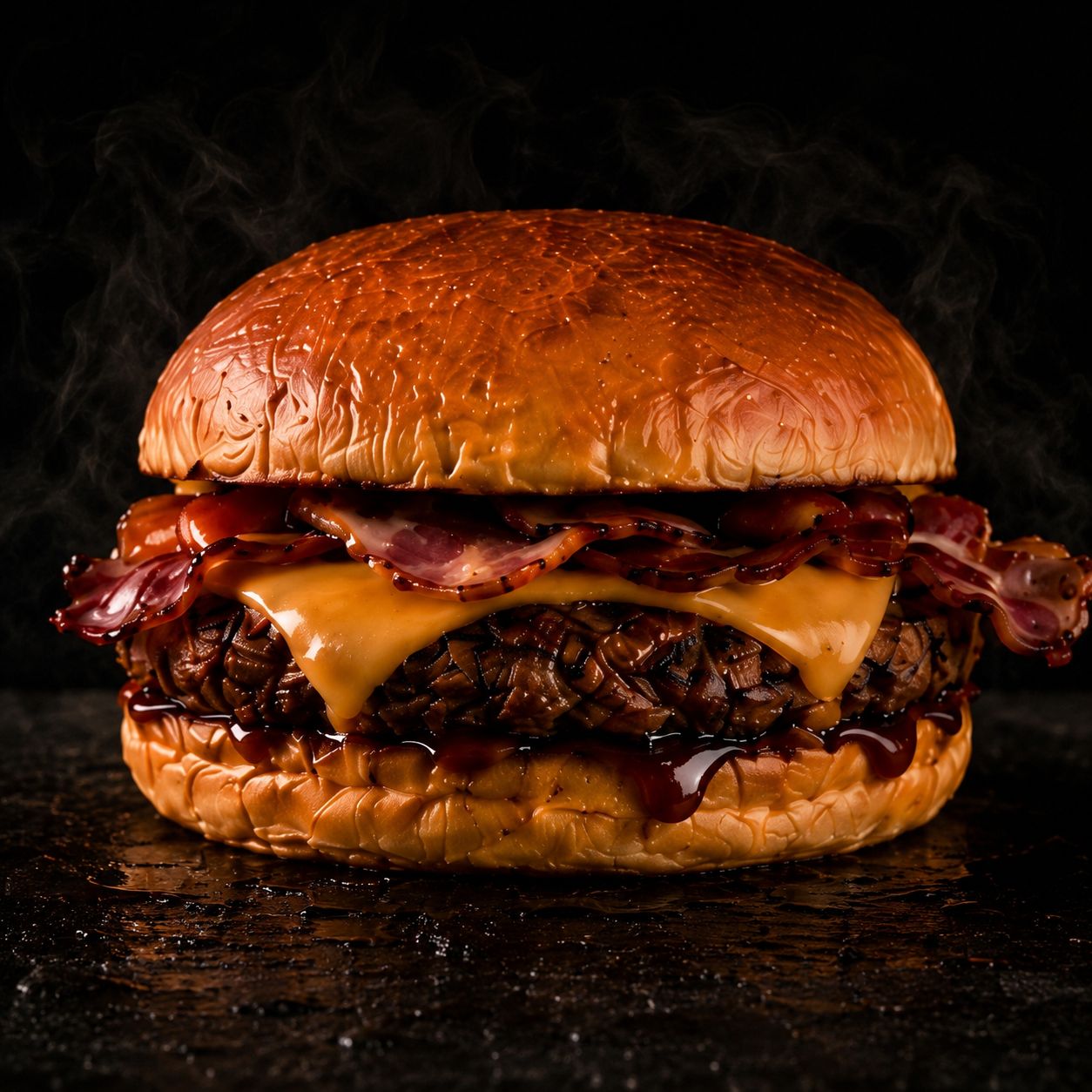 Char-grilled beef burger with crispy bacon, melted American cheese and rich BBQ sauce on a glossy toasted brioche bun