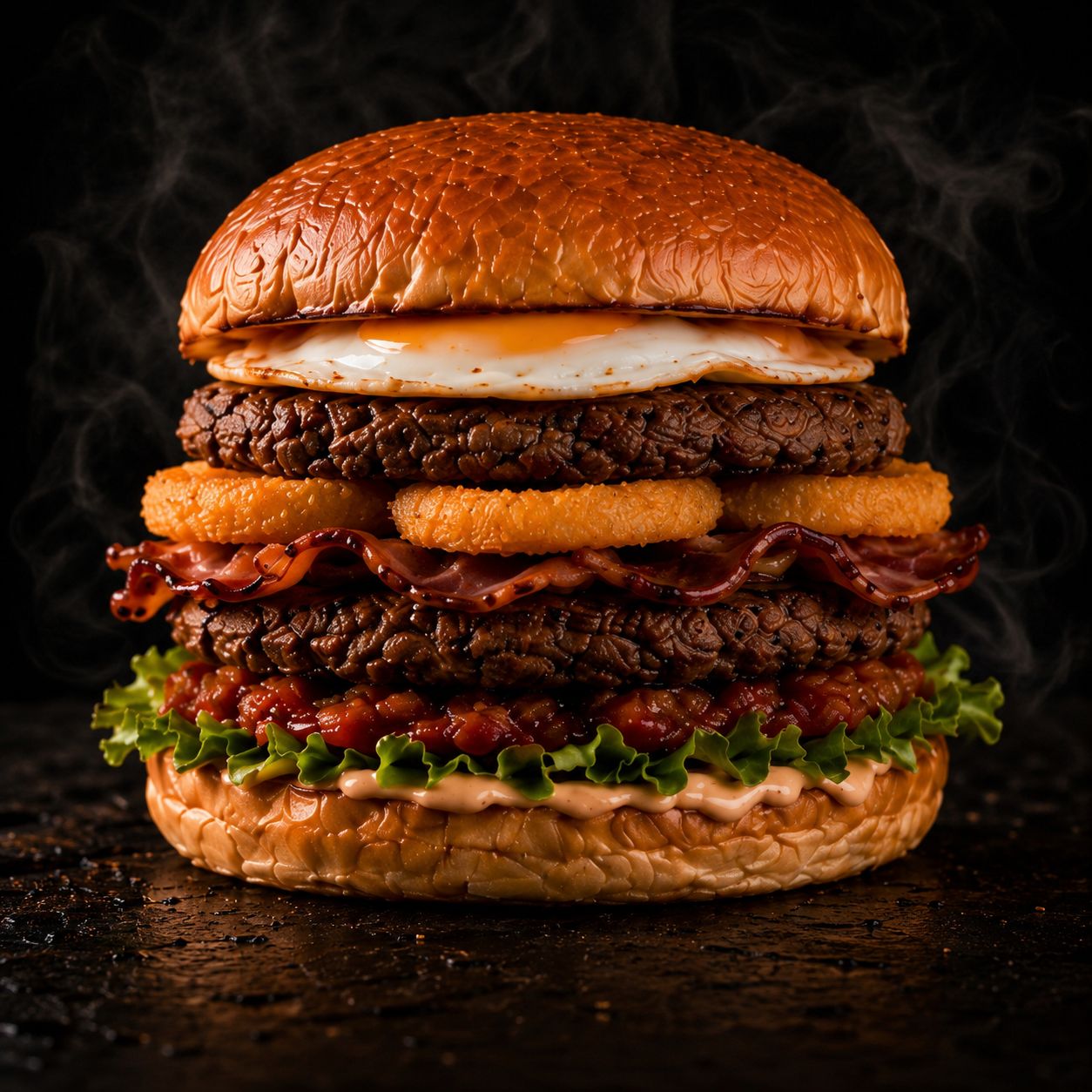Towering double beef burger with fried egg, bacon, onion rings, tomato relish and lettuce on a toasted brioche bun