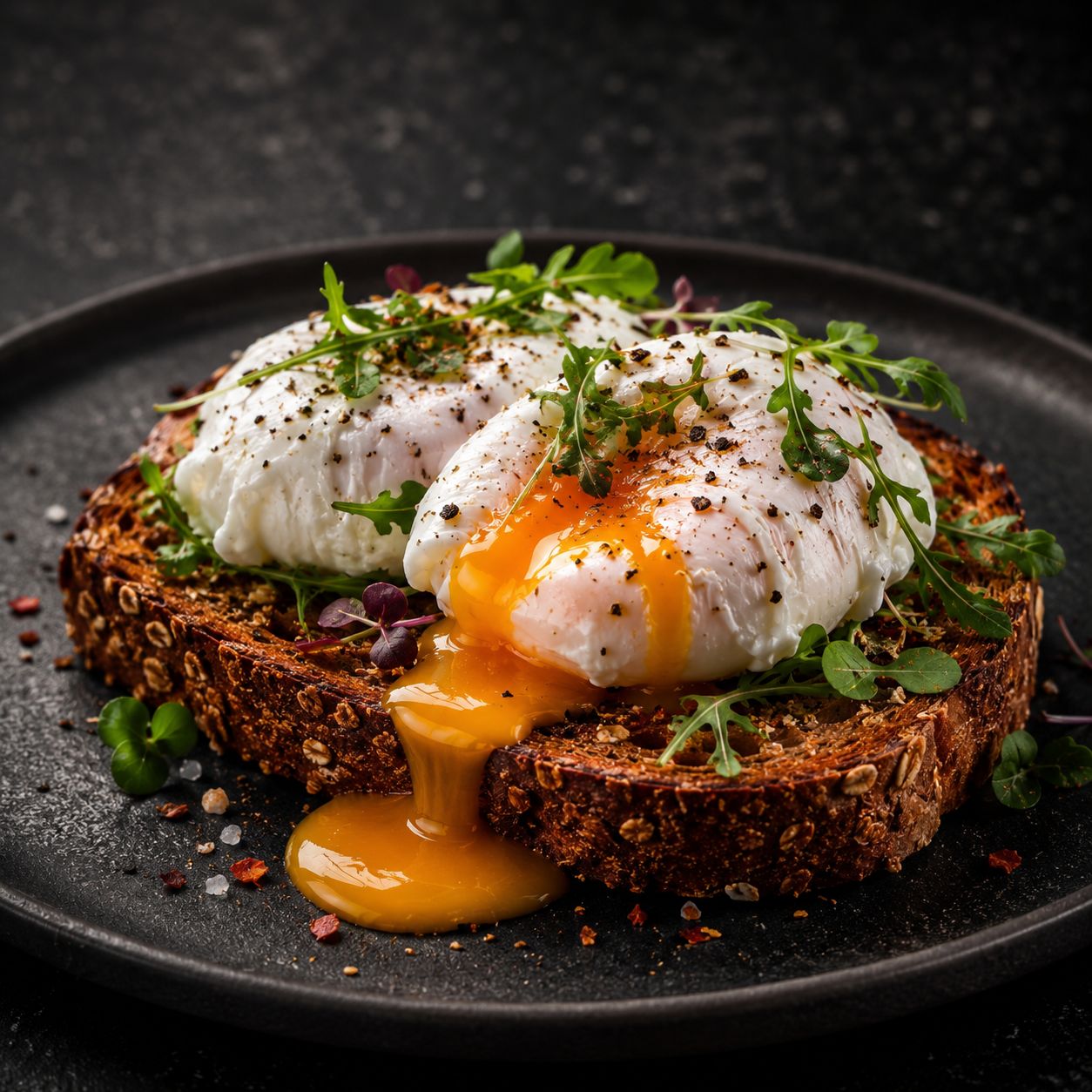 Two poached eggs with runny yolks on toasted seeded sourdough topped with rocket, microgreens and cracked pepper, served on a dark plate
